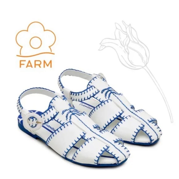 Farm Rio Blue White Embroidered Palm Tree Sandals 8.5 Vegan Whipstitch - Picture 4 of 5